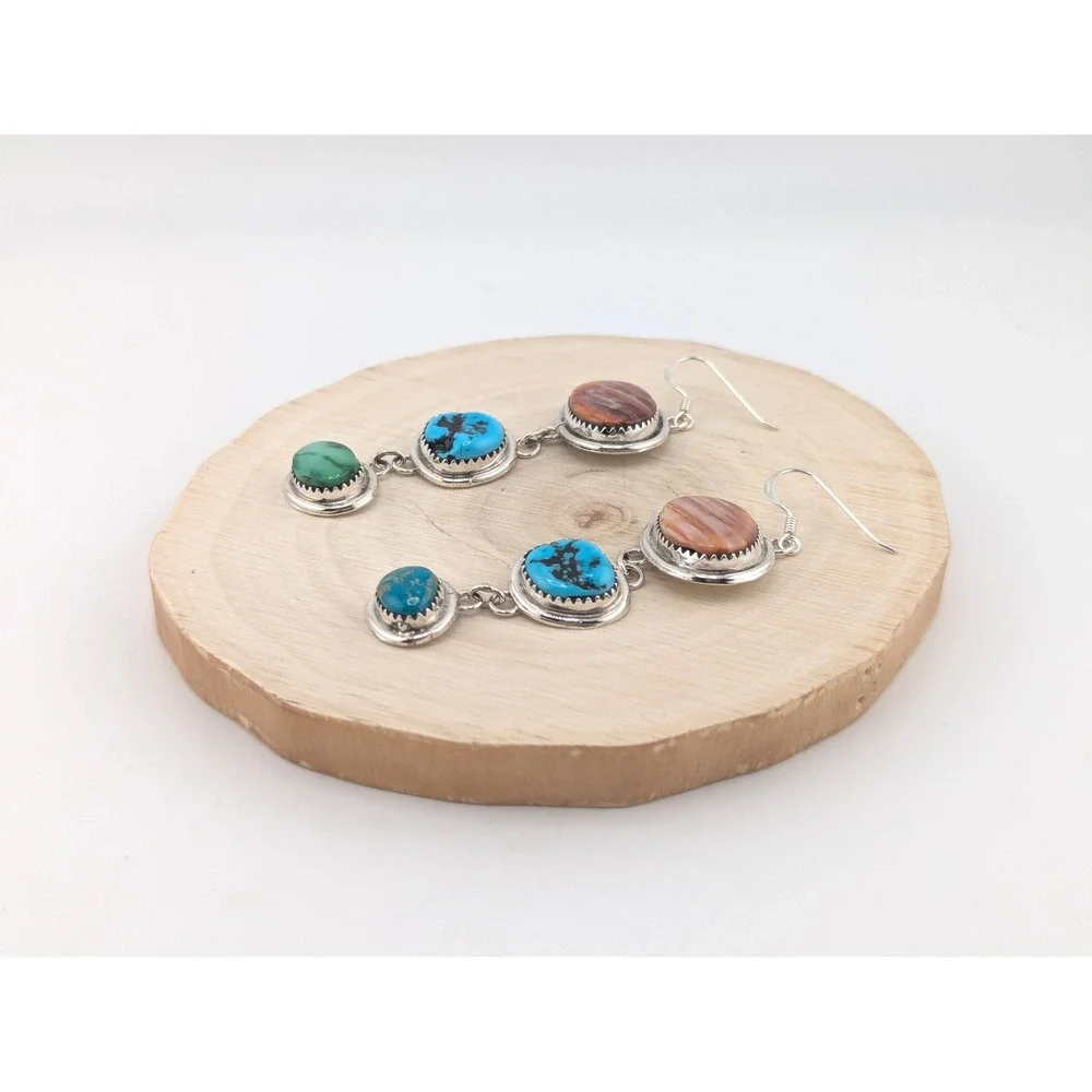 Navajo 3 Stones Drop Dangle Earrings Sterling Silver Handmade Turq‎ Jewelry **